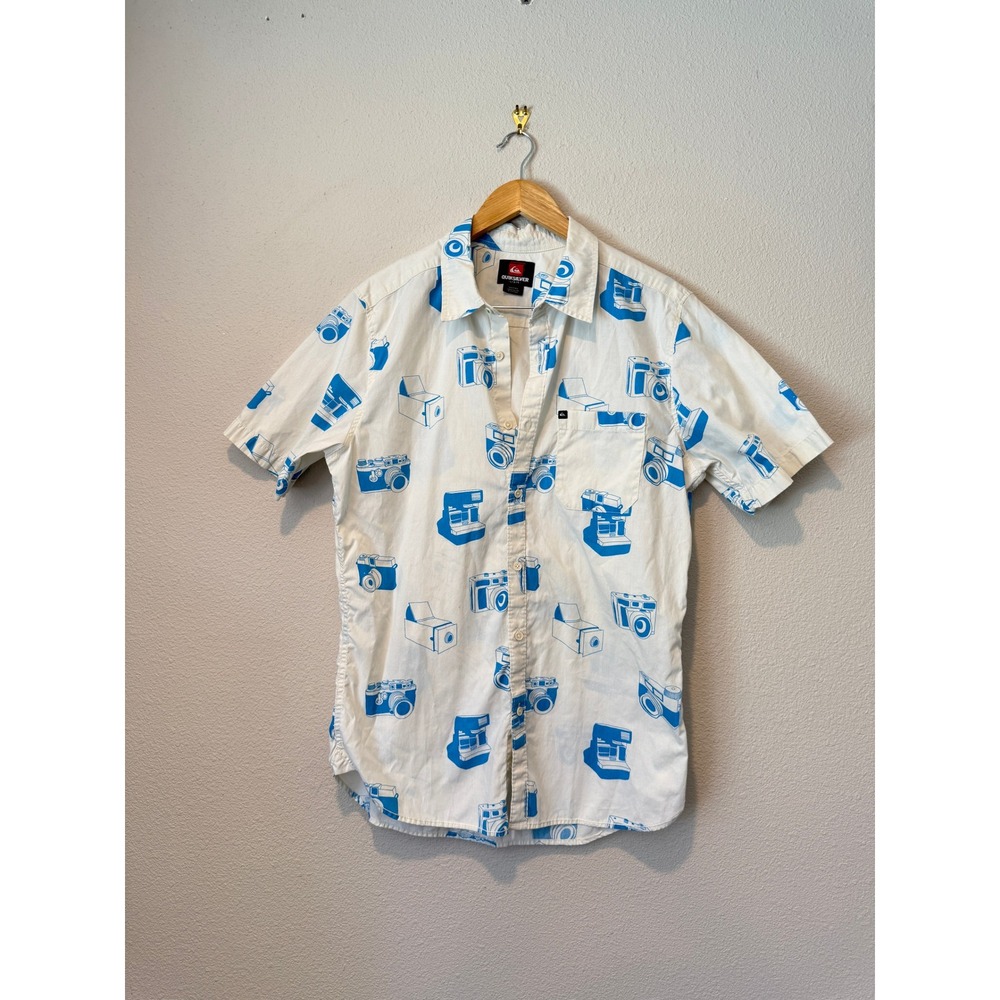 Quiksilver Mens Large Short Sleeve Button Down Shirt Blue Vintage Camera Print